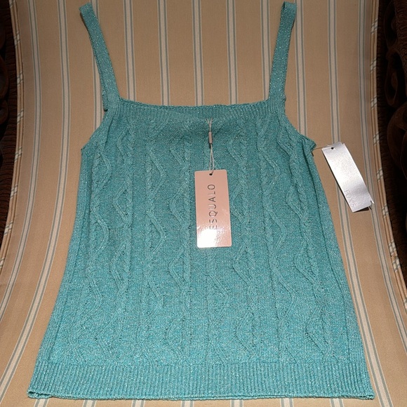 ESQUALO AQUA METALLIC CABLE KNIT TOP LOTS OF SHINE AND STRETCH SIZE S - Picture 7 of 11